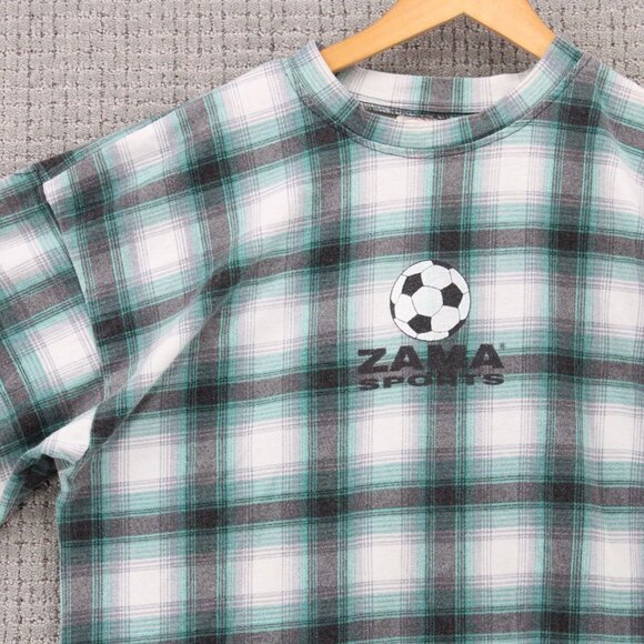 Vintage ZAMA Shirt Mens XL Gray Plaid Short Sleeve ZAMA Sports Soccer USA 90s - Picture 3 of 9